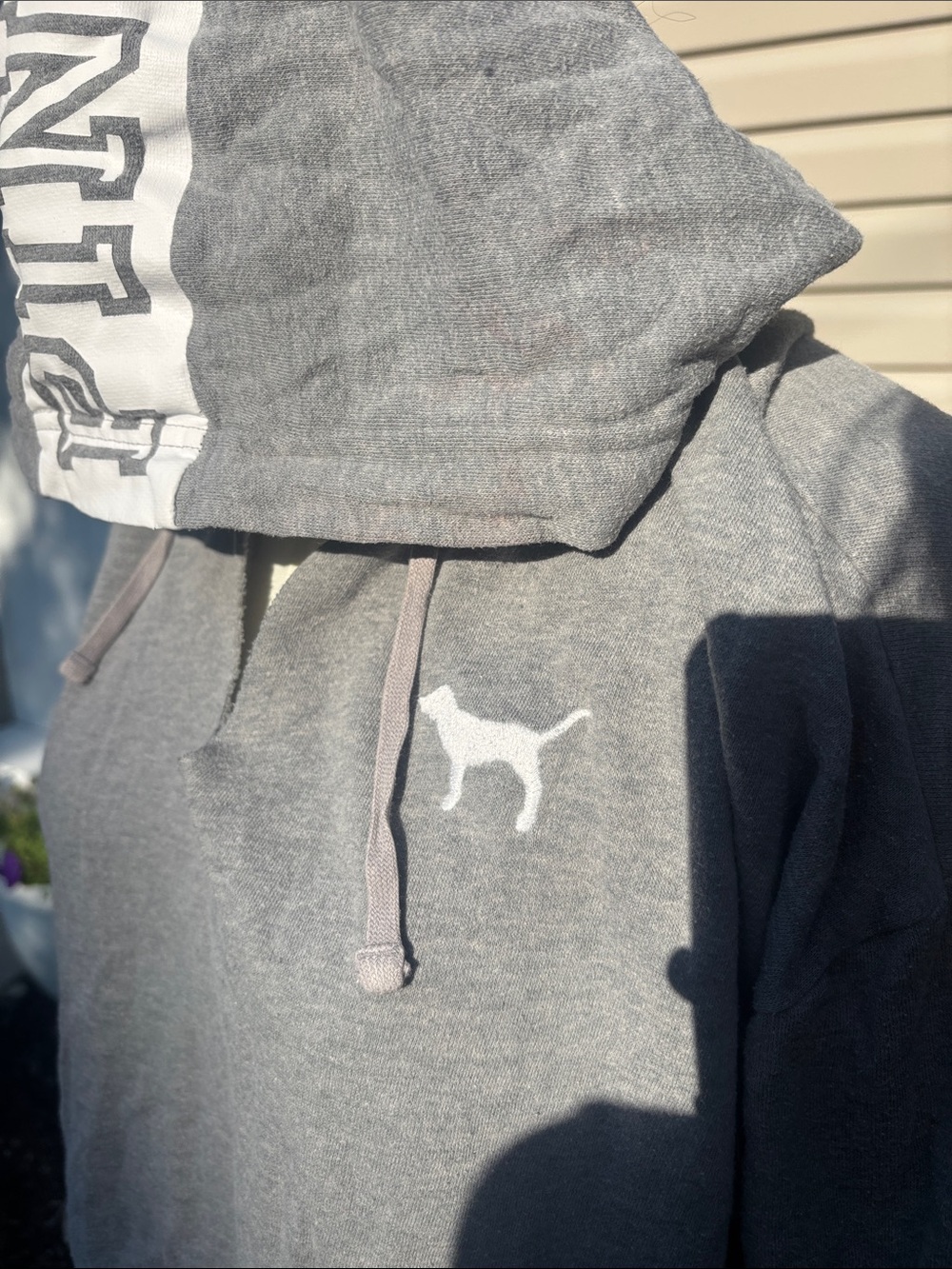 PINK Victoria's Secret Gray Hooded Pullover with White Hood Logo Stripe